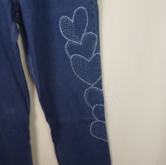 NWT Quacker Factory Beaded Sparkle Heart Stretch Denim Blue Jeans Large A3446 - Picture 2 of 8